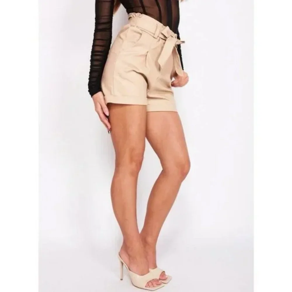 Beige Vegan Leather Faux Leather High Waist Cuffed Paper Bag Waist Shorts - Picture 11 of 17